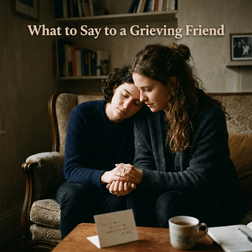 Two people sitting closely on a couch, one resting head on the other's shoulder, holding hands in a comforting gesture