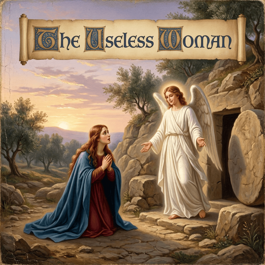 Mary Magdalene kneeling in prayer before an angel at the empty tomb